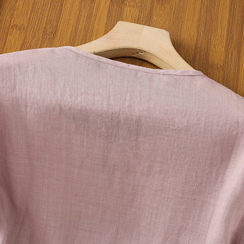 Chemise décontractée à manches mi-longues et col ras du cou pour femme, motif Buddha Stones, broderie florale, boutons grenouille, polyester