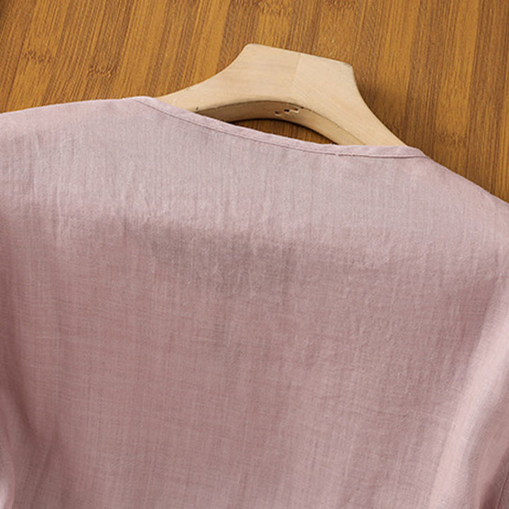 Chemise décontractée à manches mi-longues et col ras du cou pour femme, motif Buddha Stones, broderie florale, boutons grenouille, polyester