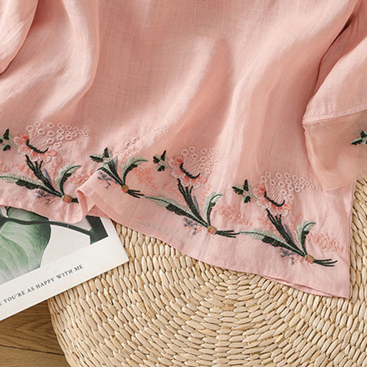 Chemise décontractée à manches mi-longues et col ras du cou pour femme, motif Buddha Stones, broderie florale, boutons grenouille, polyester