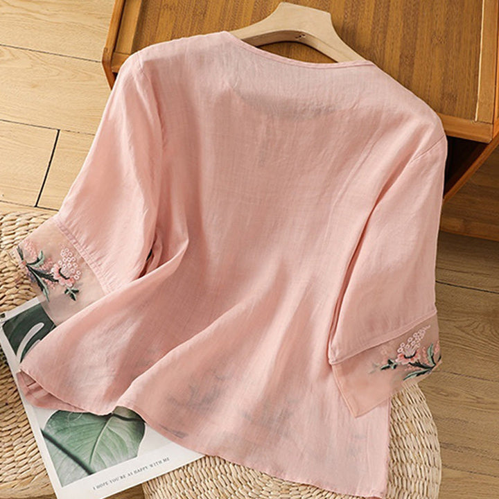 Chemise décontractée à manches mi-longues et col ras du cou pour femme, motif Buddha Stones, broderie florale, boutons grenouille, polyester
