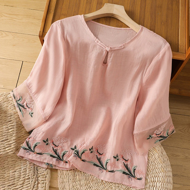 Chemise décontractée à manches mi-longues et col ras du cou pour femme, motif Buddha Stones, broderie florale, boutons grenouille, polyester