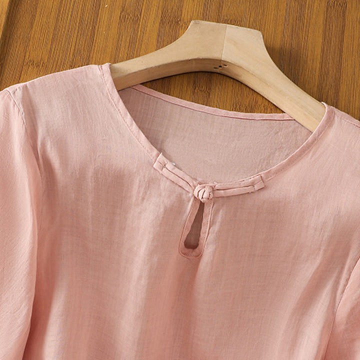 Chemise décontractée à manches mi-longues et col ras du cou pour femme, motif Buddha Stones, broderie florale, boutons grenouille, polyester