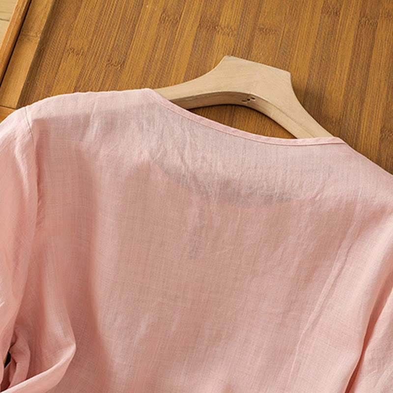 Chemise décontractée à manches mi-longues et col ras du cou pour femme, motif Buddha Stones, broderie florale, boutons grenouille, polyester