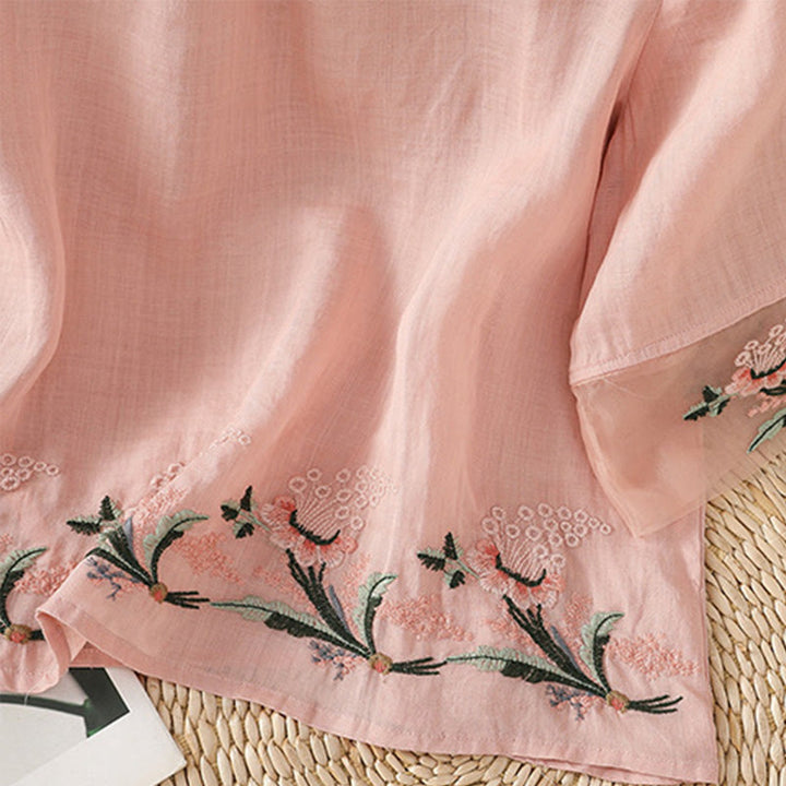 Chemise décontractée à manches mi-longues et col ras du cou pour femme, motif Buddha Stones, broderie florale, boutons grenouille, polyester