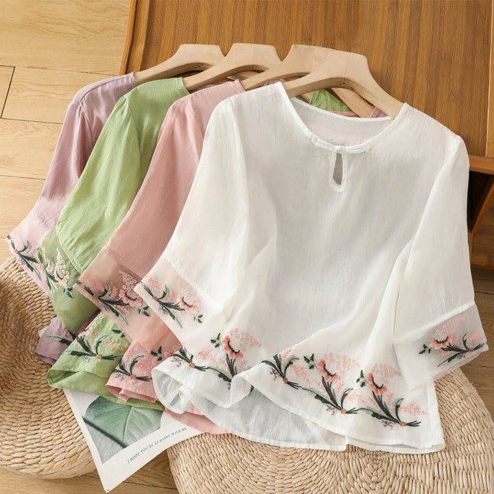 Chemise décontractée à manches mi-longues et col ras du cou pour femme, motif Buddha Stones, broderie florale, boutons grenouille, polyester - image 28