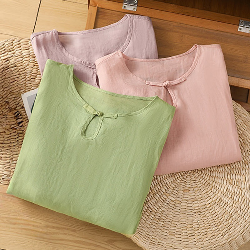 Chemise décontractée à manches mi-longues et col ras du cou pour femme, motif Buddha Stones, broderie florale, boutons grenouille, polyester - image 29