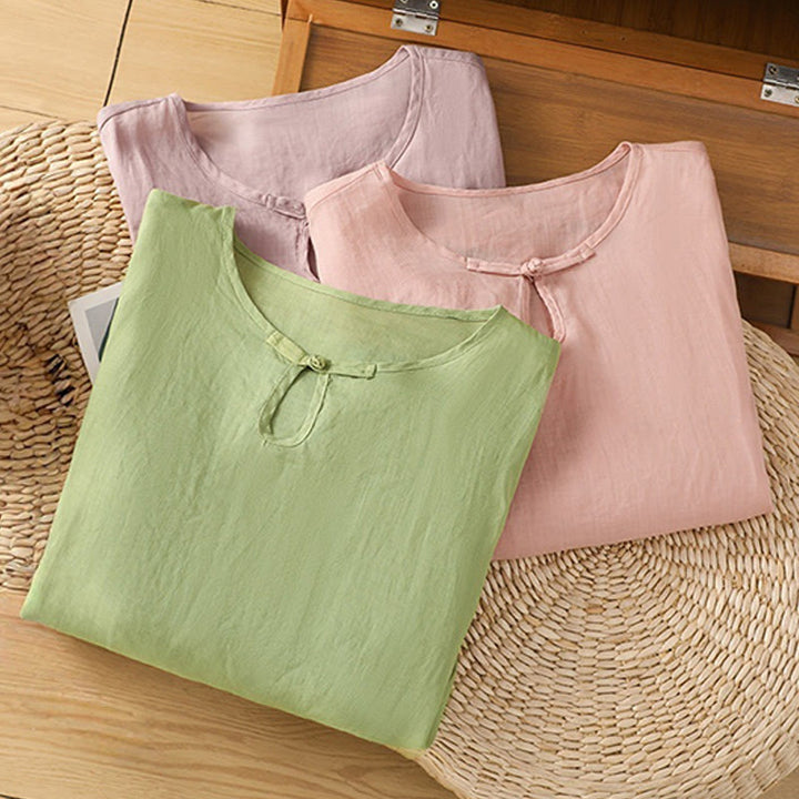 Chemise décontractée à manches mi-longues et col ras du cou pour femme, motif Buddha Stones, broderie florale, boutons grenouille, polyester - image 29