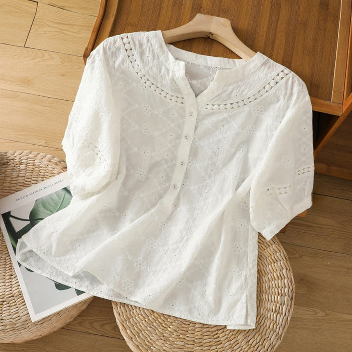 Chemise décontractée à manches mi-longues en coton et lin pour femme, motif Buddha Stones, coupe creuse et décontractée - Blanc - US8-10，UK/AU12-14，EU40-42 (2XL) - image 7