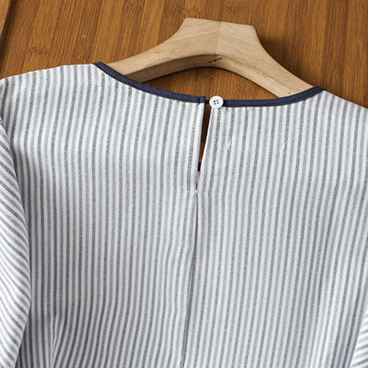 Pull à rayures et col ras du cou en coton à manches courtes pour femme, motif Buddha Stones - image 3