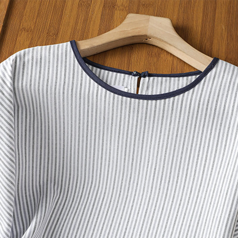 Pull à rayures et col ras du cou en coton à manches courtes pour femme, motif Buddha Stones - image 2