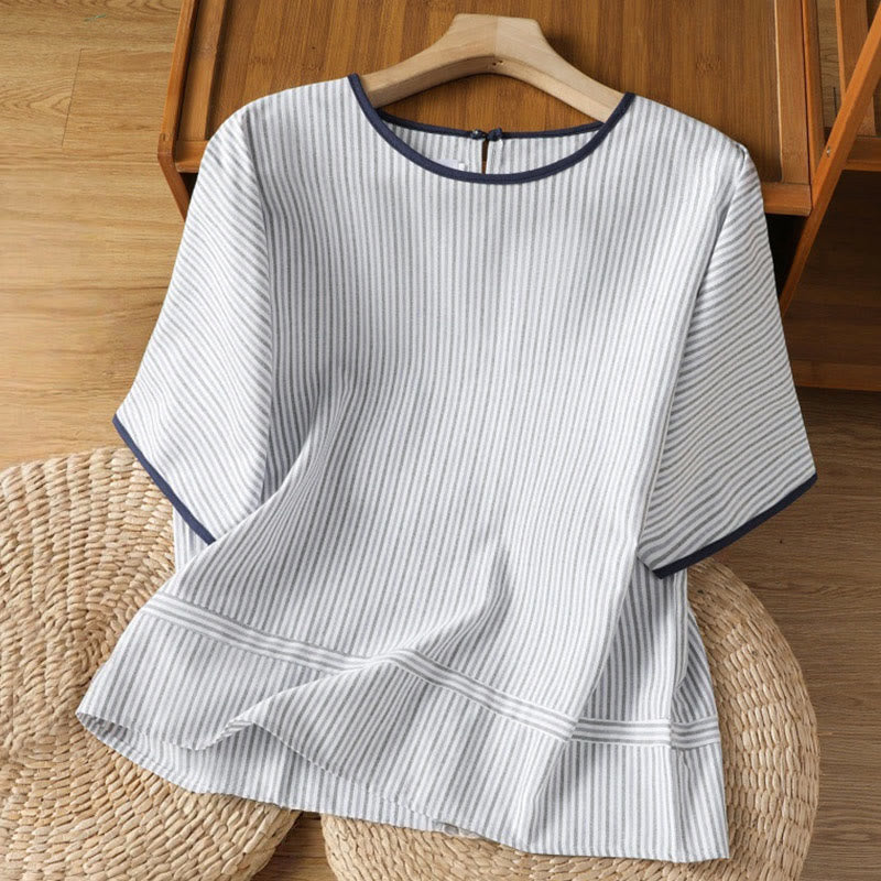 Pull à rayures et col ras du cou en coton à manches courtes pour femme, motif Buddha Stones - Bleu clair - US8-10，UK/AU12-14，EU40-42 (2XL) - image 0
