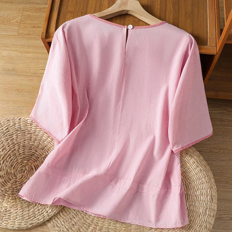 Pull à rayures et col ras du cou en coton à manches courtes pour femme, motif Buddha Stones