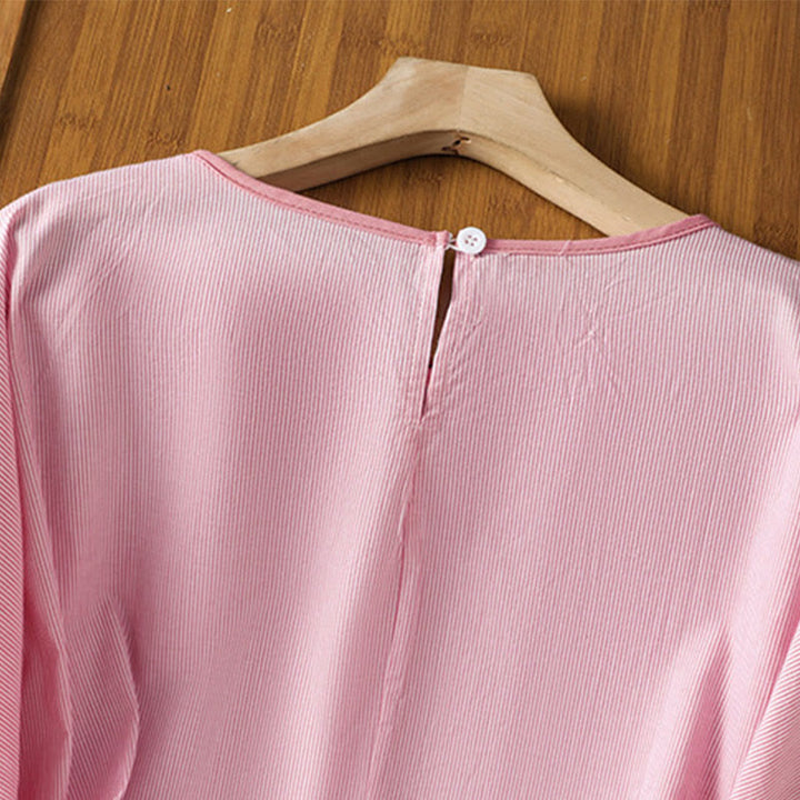Pull à rayures et col ras du cou en coton à manches courtes pour femme, motif Buddha Stones