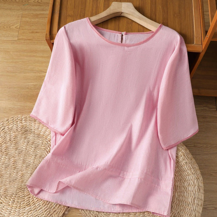 Pull à rayures et col ras du cou en coton à manches courtes pour femme, motif Buddha Stones