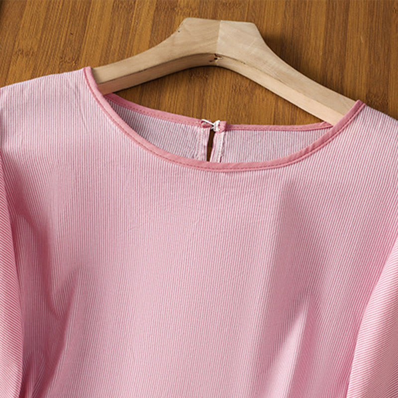 Pull à rayures et col ras du cou en coton à manches courtes pour femme, motif Buddha Stones