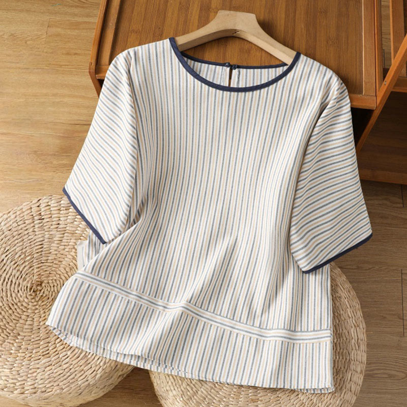 Pull à rayures et col ras du cou en coton à manches courtes pour femme, motif Buddha Stones - Blanc - US8-10，UK/AU12-14，EU40-42 (2XL) - image 13