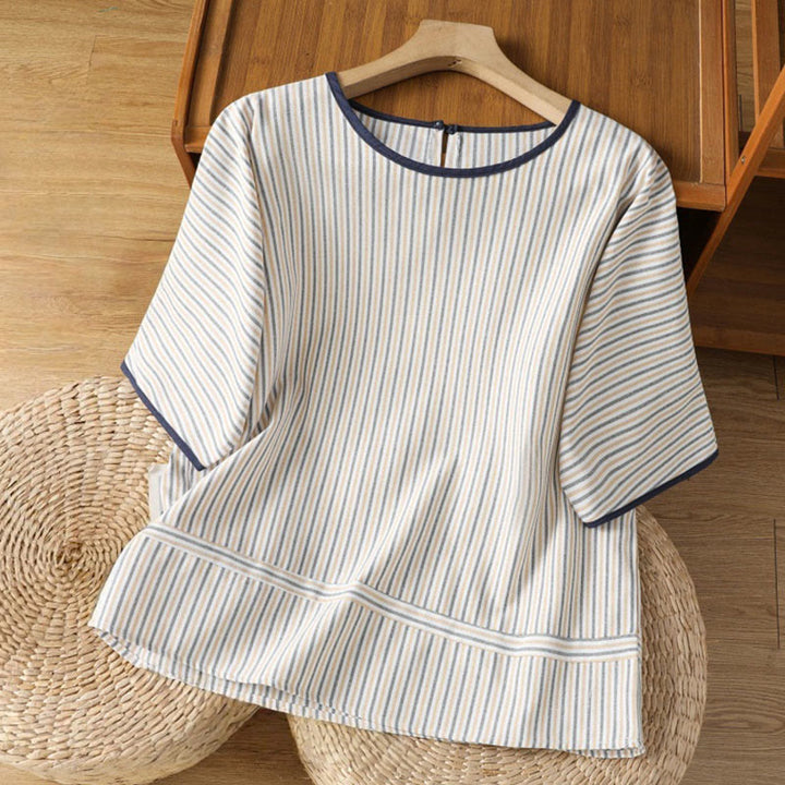 Pull à rayures et col ras du cou en coton à manches courtes pour femme, motif Buddha Stones - Blanc - US8-10，UK/AU12-14，EU40-42 (2XL) - image 13