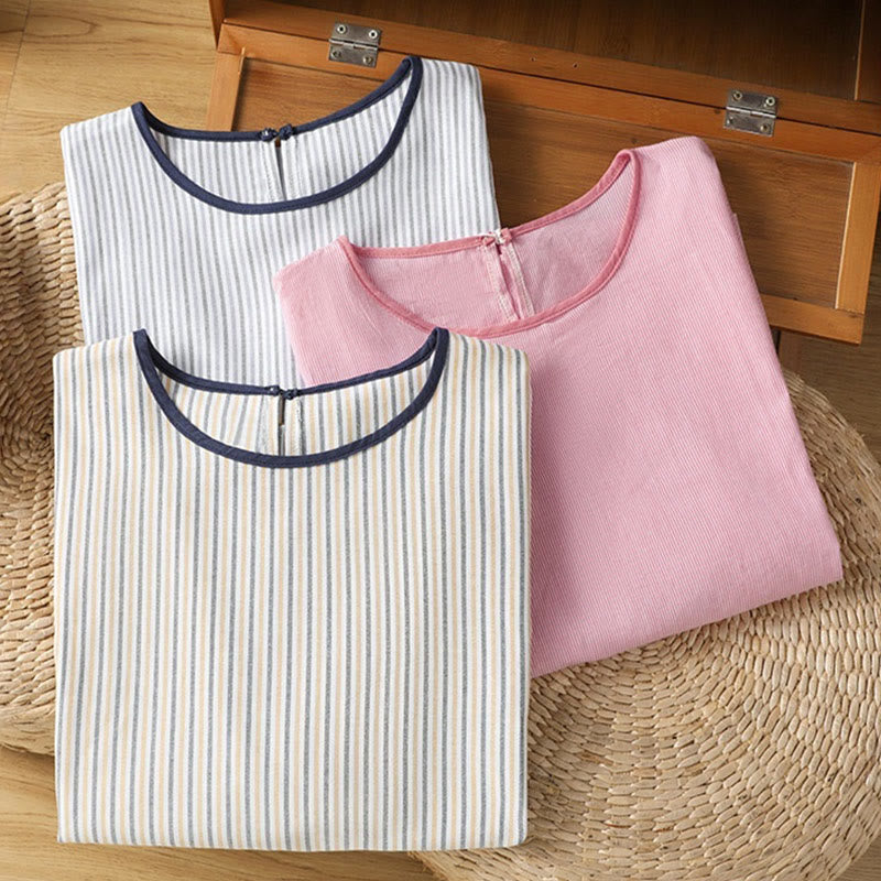 Pull à rayures et col ras du cou en coton à manches courtes pour femme, motif Buddha Stones - image 19