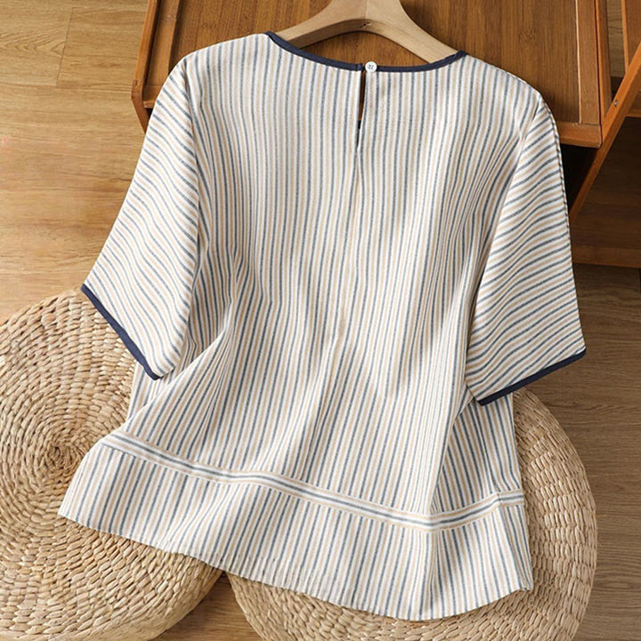 Pull à rayures et col ras du cou en coton à manches courtes pour femme, motif Buddha Stones
