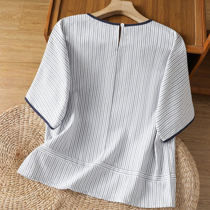 Pull à rayures et col ras du cou en coton à manches courtes pour femme, motif Buddha Stones - image 1