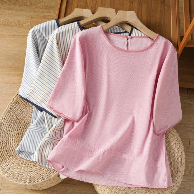 Pull à rayures et col ras du cou en coton à manches courtes pour femme, motif Buddha Stones - image 20