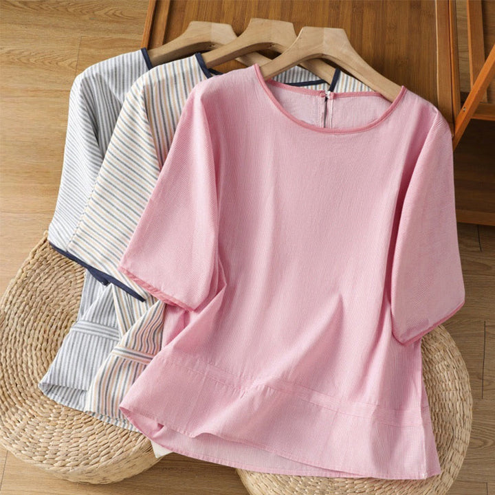 Pull à rayures et col ras du cou en coton à manches courtes pour femme, motif Buddha Stones - image 20