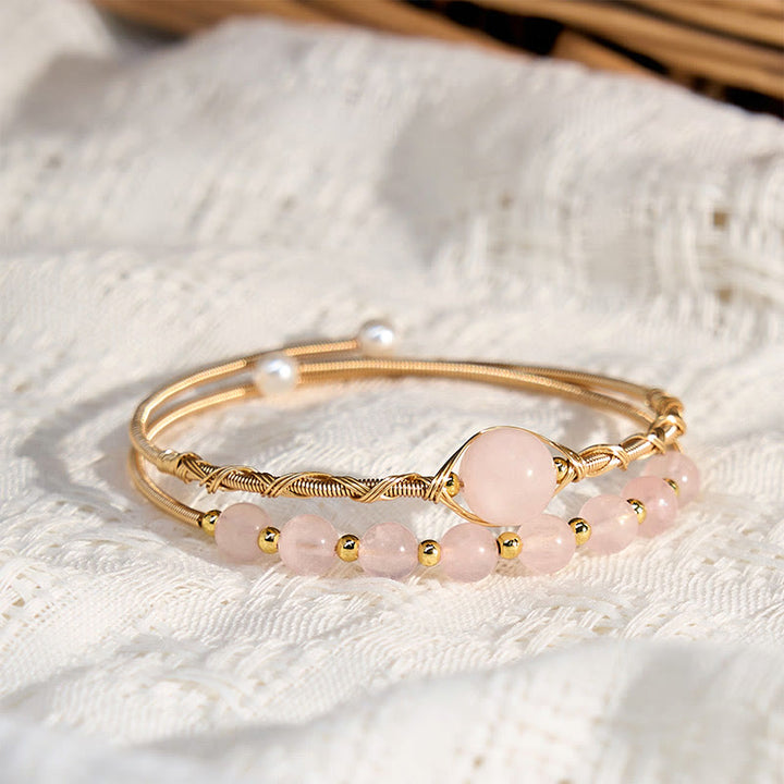 Bracelet manchette en métal avec Buddha Stones et quartz rose naturel