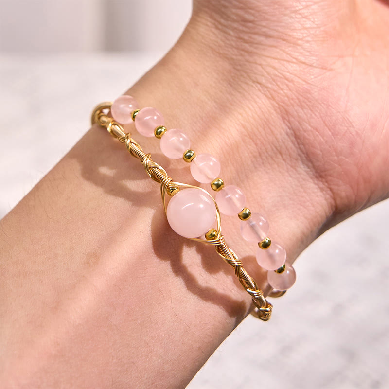 Bracelet manchette en métal avec Buddha Stones et quartz rose naturel
