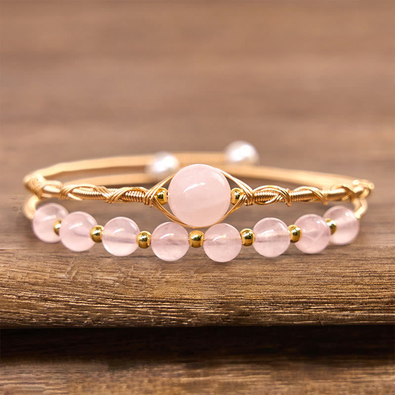 Bracelet manchette en métal avec Buddha Stones et quartz rose naturel