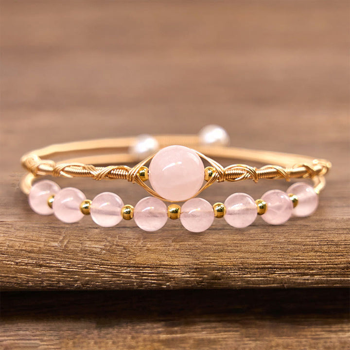 Bracelet manchette en métal avec Buddha Stones et quartz rose naturel