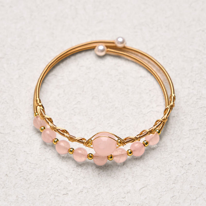 Bracelet manchette en métal avec Buddha Stones et quartz rose naturel
