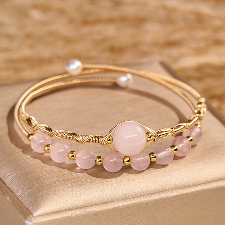 Bracelet manchette en métal avec Buddha Stones et quartz rose naturel