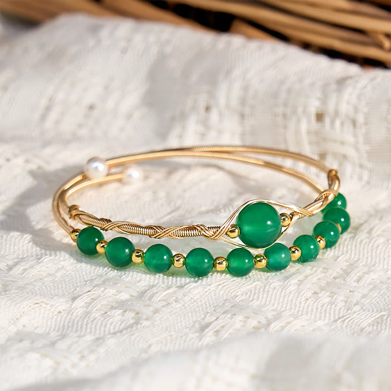 Bracelet manchette en cuivre rempli d'or 14 carats et agate verte naturelle avec Buddha Stones