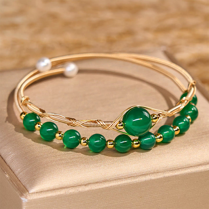 Bracelet manchette en cuivre rempli d'or 14 carats et agate verte naturelle avec Buddha Stones