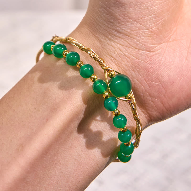 Bracelet manchette en cuivre rempli d'or 14 carats et agate verte naturelle avec Buddha Stones
