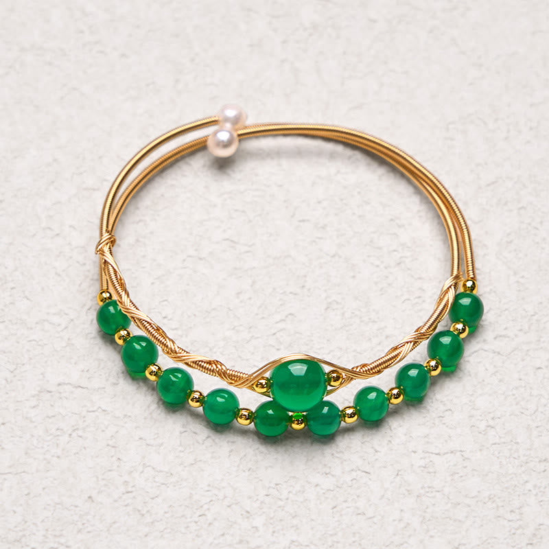 Bracelet manchette en cuivre rempli d'or 14 carats et agate verte naturelle avec Buddha Stones
