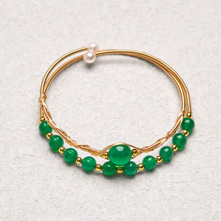 Bracelet manchette en cuivre rempli d'or 14 carats et agate verte naturelle avec Buddha Stones