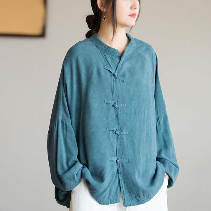 Chemise à manches longues à boutons de grenouille avec Buddha Stones Haut de méditation Zen Tai Chi Veste de vêtement Hanfu - Cyan (buste 162 cm) (haut uniquement) - image 0