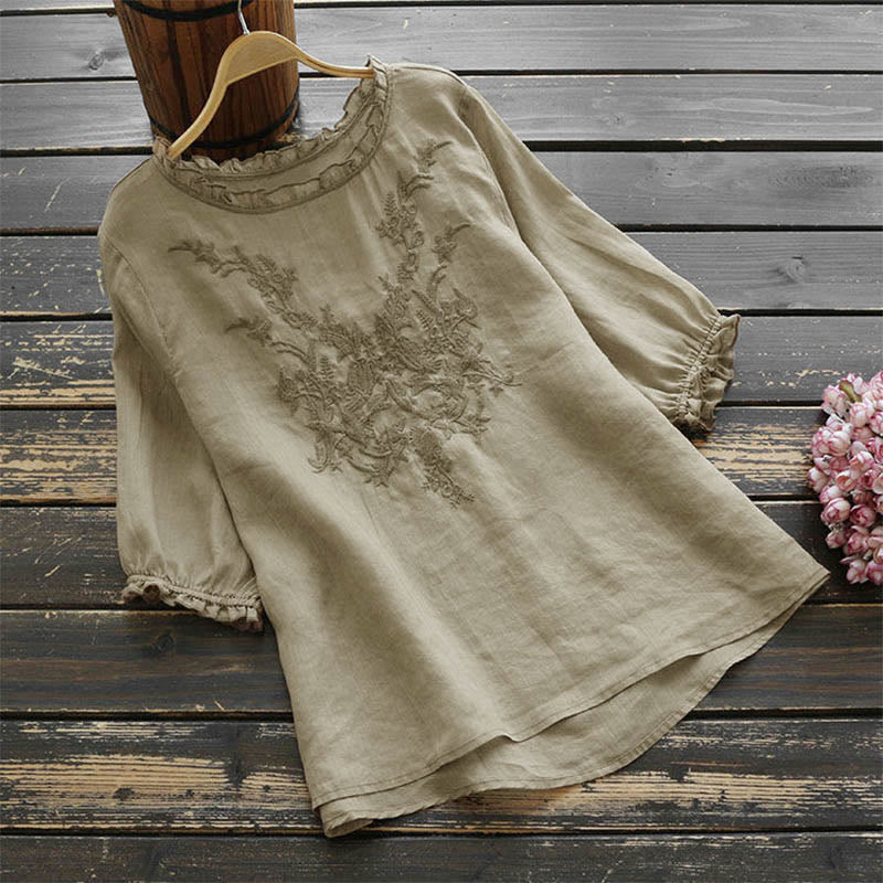 T-shirt ras du cou à motif de broderie florale Buddha Stones pour femme - BurlyWood - US14，UK/AU18，EU46 (4XL) - image 0