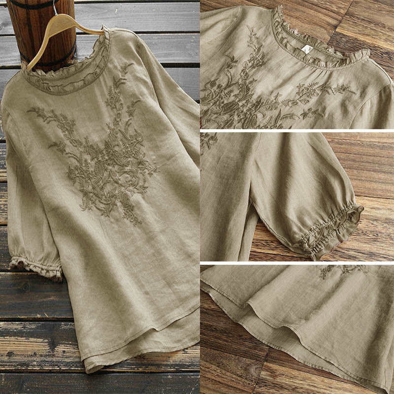 T-shirt ras du cou à motif de broderie florale Buddha Stones pour femme - image 1