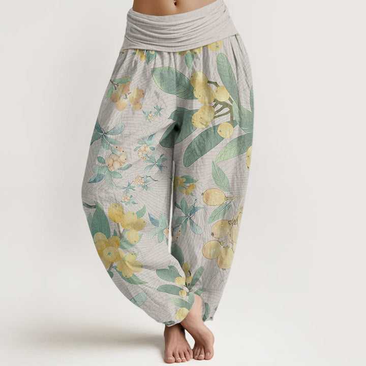 Pantalon Buddha Stones décontracté en pur coton avec motif nèfles et taille élastique pour femme