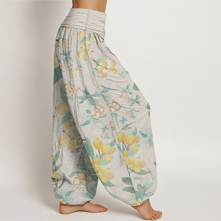 Pantalon Buddha Stones décontracté en pur coton avec motif nèfles et taille élastique pour femme