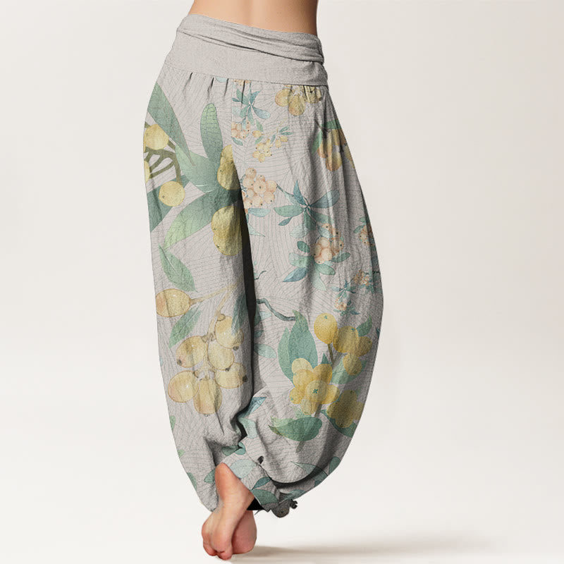Pantalon Buddha Stones décontracté en pur coton avec motif nèfles et taille élastique pour femme