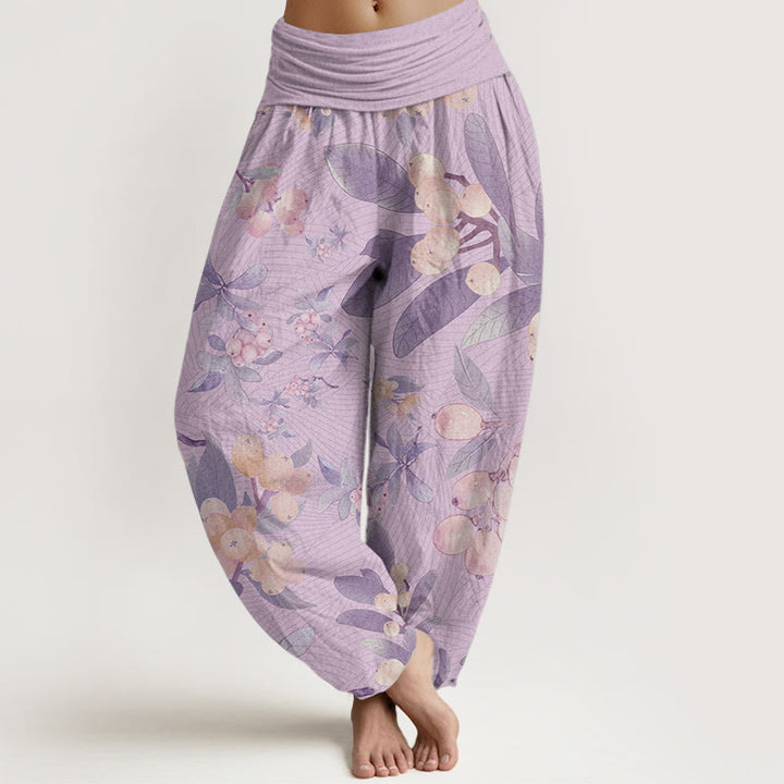 Pantalon Buddha Stones décontracté en pur coton avec motif nèfles et taille élastique pour femme