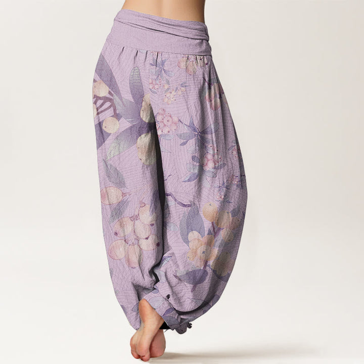 Pantalon Buddha Stones décontracté en pur coton avec motif nèfles et taille élastique pour femme