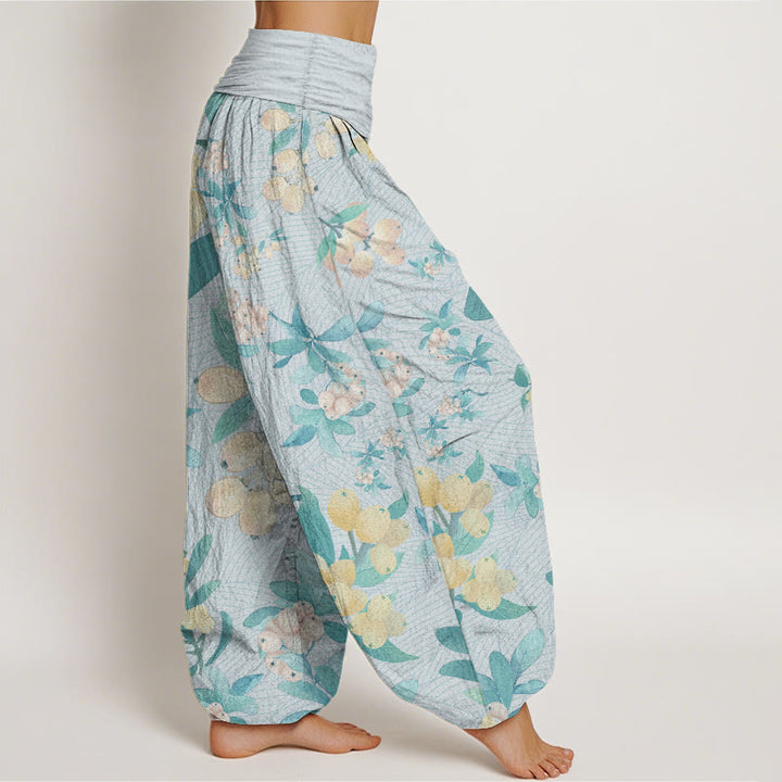 Pantalon Buddha Stones décontracté en pur coton avec motif nèfles et taille élastique pour femme