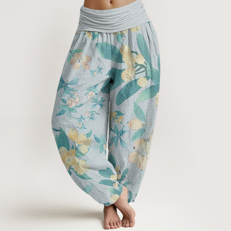 Pantalon Buddha Stones décontracté en pur coton avec motif nèfles et taille élastique pour femme