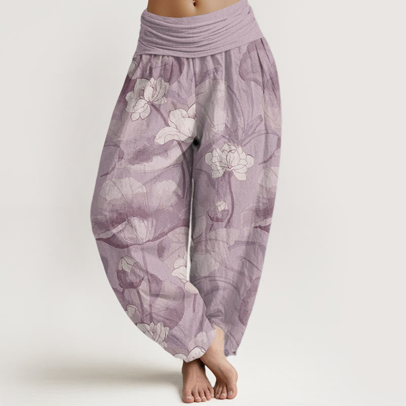 Pantalon sarouel taille élastique en pur coton motif lotus pour femme avec Buddha Stones
