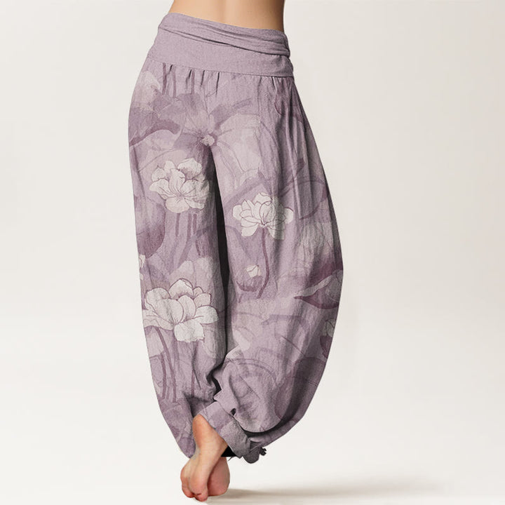 Pantalon sarouel taille élastique en pur coton motif lotus pour femme avec Buddha Stones