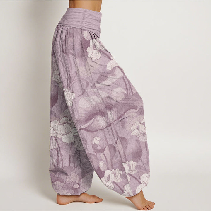 Pantalon sarouel taille élastique en pur coton motif lotus pour femme avec Buddha Stones